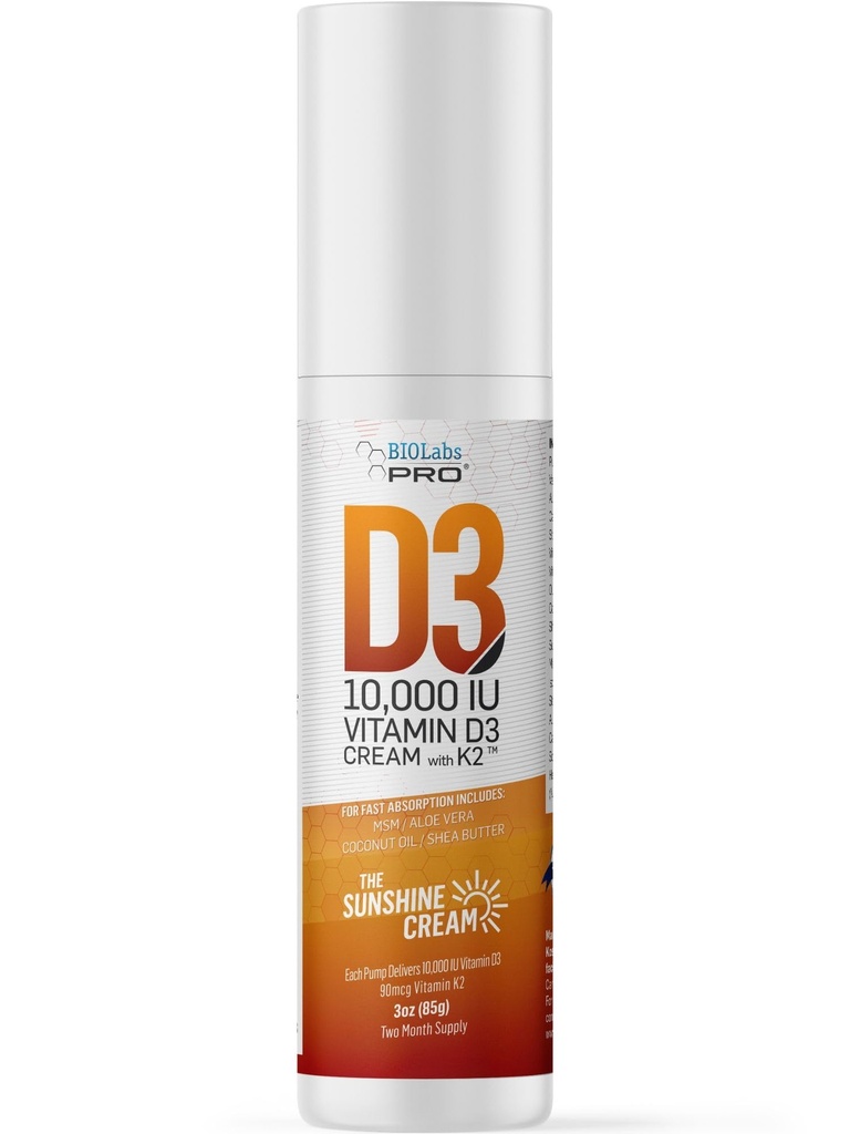 BIOLABS PRO All Natural Vitamin D3 10000IU Vitamin D Cream - Maximal styrka - Bekämpa vitamin D-brist naturligt - med vitamin K2 & Olivblad Extrakt - Säker och effektiv (10.000IU - 3.0oz)