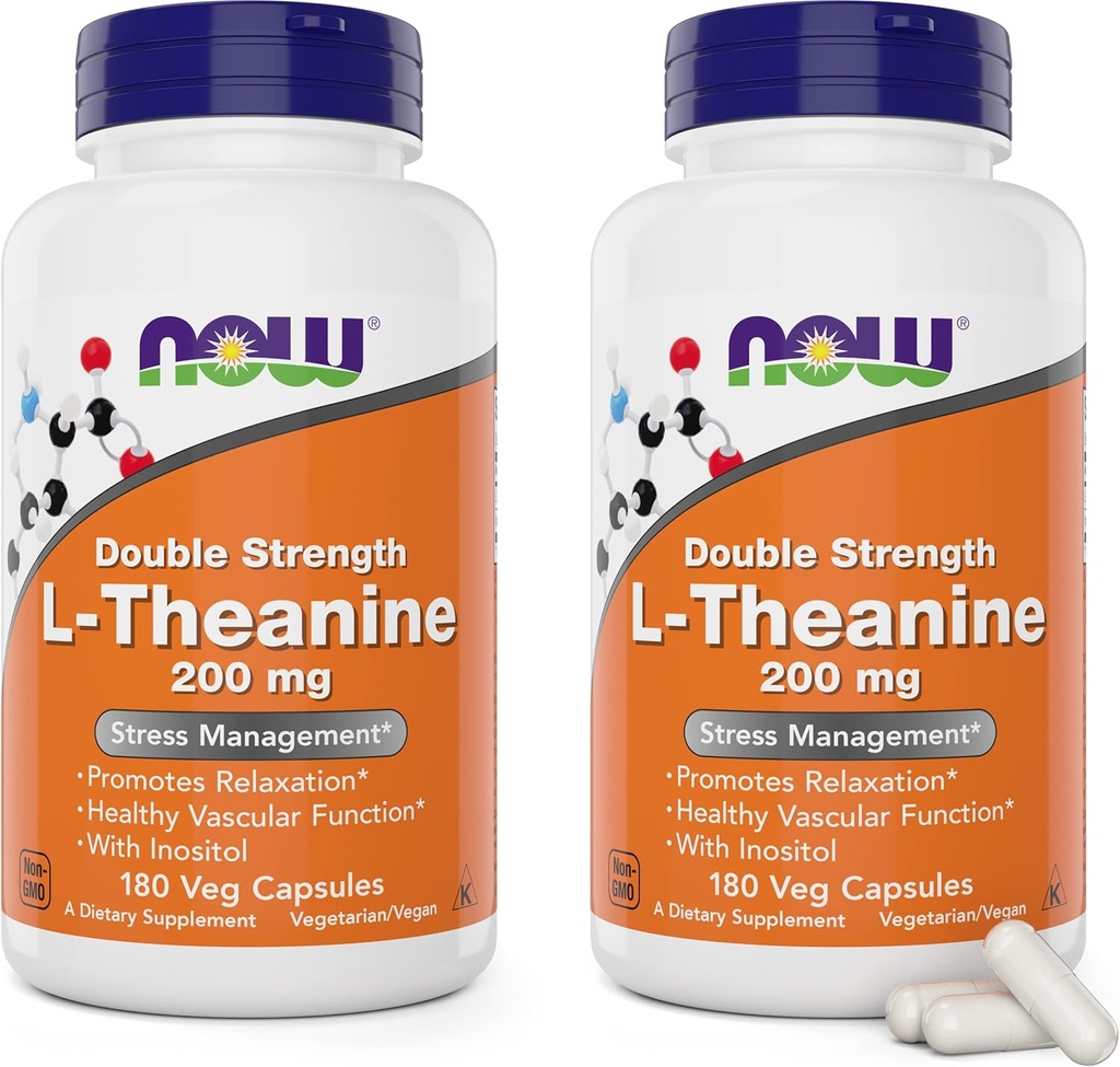 NOW Foods L-Theanine, Double Strength 200 mg Per Cap - 180 Veg Capsules (Pack of 2) (360 Total caps) - Förbättrad med 100mg Inositol - Vegetarian, icke-GMO - Ltheanine 200mg Supplement