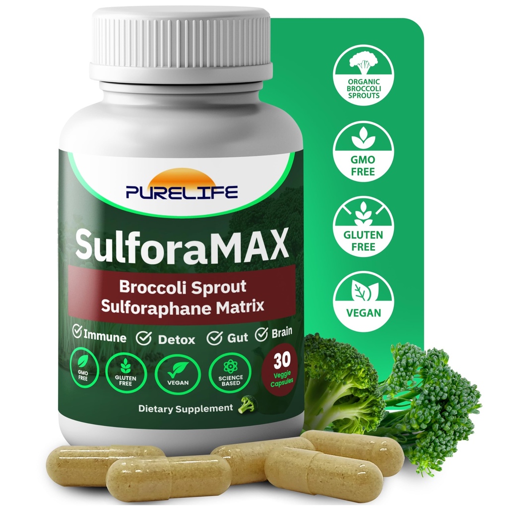 SulforaMAX - Sulforaphane Broccoli Immunity Supplement - [Formerly Regen-X] - Immune Support, Heart, Liver, Brain Health Supplements - Vegan, Non-GMO, 10 000 MCG Sulforaphane (30 vegetariska kapslar)
