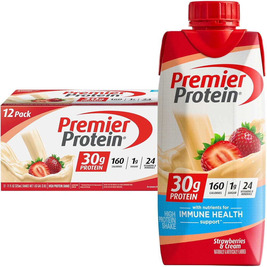 Premier Protein Shake, jordgubbar & Cream, 30g Protein, 11 fl oz, Pack av 12 (Packaging May Vary)