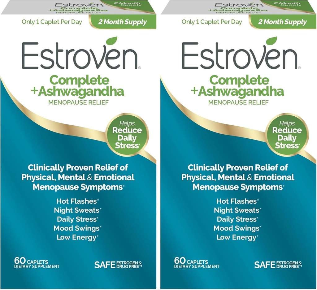 Estroven Complete + Ashwagandha Multi-Symptom Menopause Supplement för kvinnor - Kliniskt beprövade ingredienser ger klimakteriet Relief & Night Sweats + Hot Flash Relief * - 4 månaders leverans (Pack of 2)