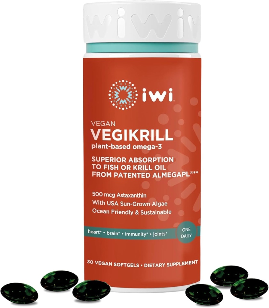 Iwi Life Vegikrill Omega-3, 30 Softgels (30 Servings), Vegan, Plant-Based Algae Omega-3 med Astaxanthin, Whole-Body Support Dietary Supplement, Krill & Fish Oil Alternative, No Fishy Aftertaste