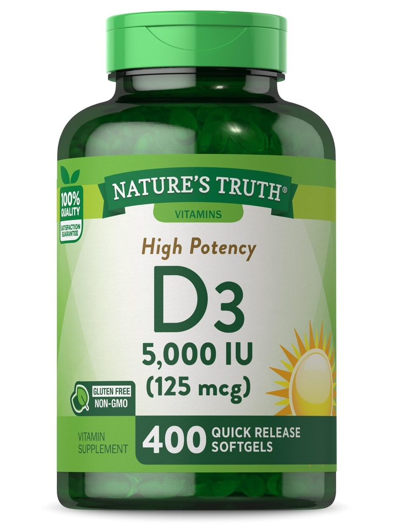 Naturens sannings vitamin D3 5000 IE Softgels | 400 greve | Hög styrka | Non-GMO & Gluten fri tillägg