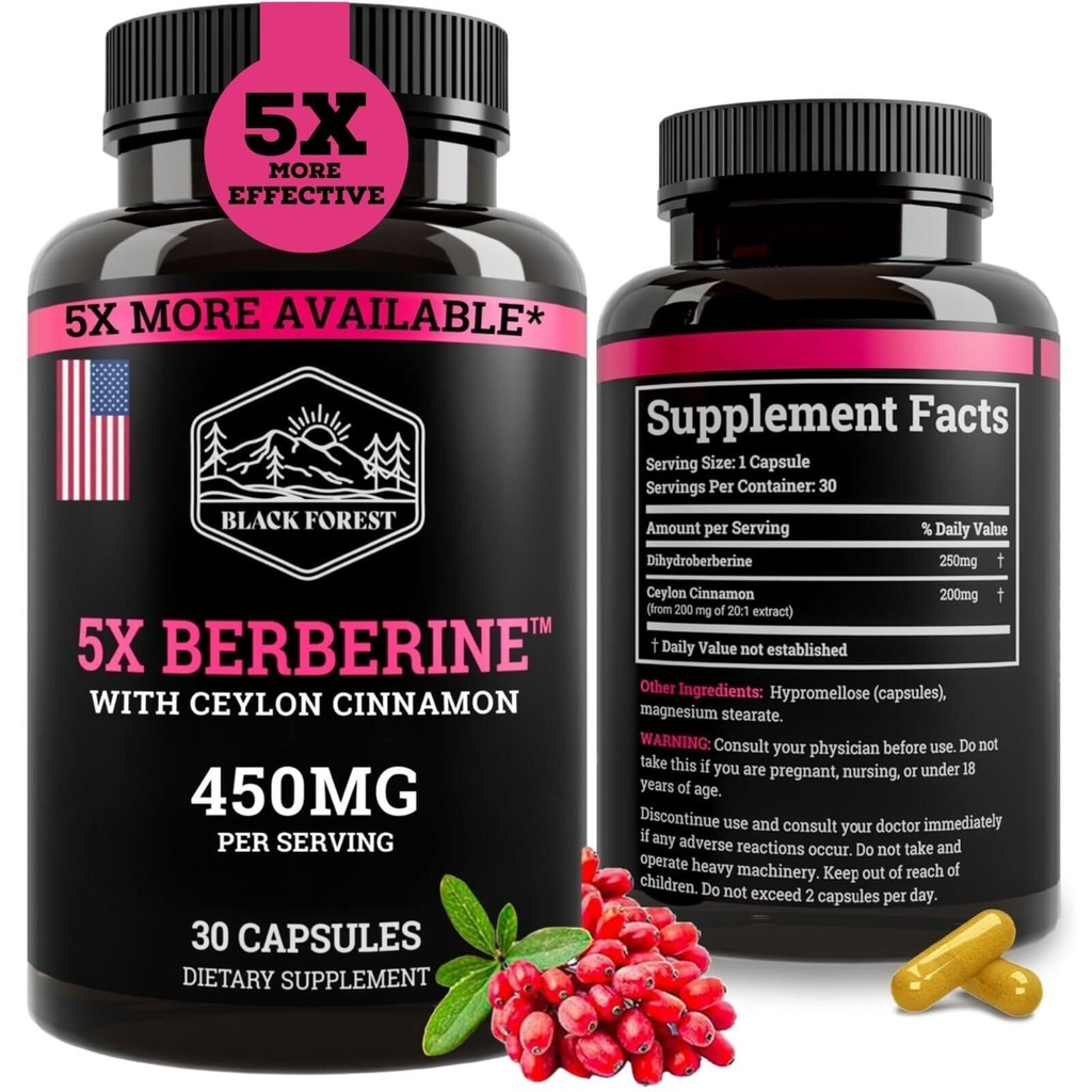 Black Forest 5X Berberine en Dihydroberberine Supplement (Super Berberine Nu 5X effektivare än vanliga Berberine HCL) Bästa Dihydroberberine med Ceylon Cinnamon - Liknande Berberine Phytosome
