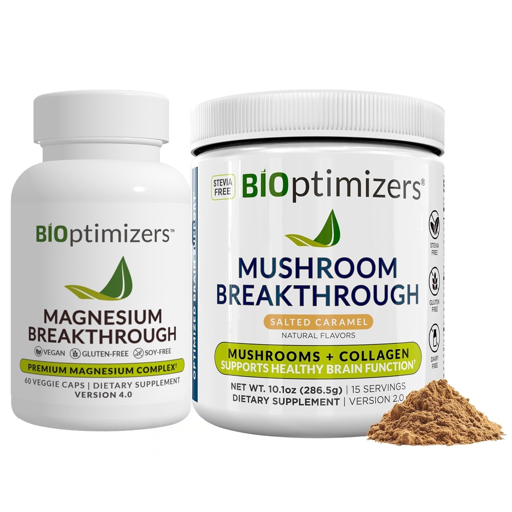 BiOptimizers Magnesium Breakthrough 4.0, (60 kapslar) & Mushroom Breakthrough Powder (Salted Caramel, 15 portioner) - Natursömn och hjärnan Superfood & Supplement Bundle