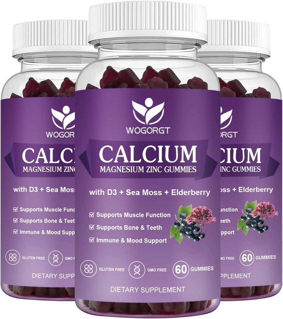 Calcium Magnesium Zinc Gummies with Vitamin D3 - High Absorption Complex Calcium Supplement with Sea Moss, Elderberry for Bone, Muscles, Immune, Mood & Sleep Support, Vegan - 60 Gummies (3 Pack)