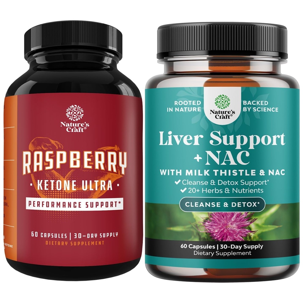 Bundle of Blend of Raspberry Ketones, Green Tea Extract and African Mango Potent Ingredients to Speed Up Weight Loss, Suppress Appetite & Burn Fat and Liver Support Supplement with NAC - Herbal Liver