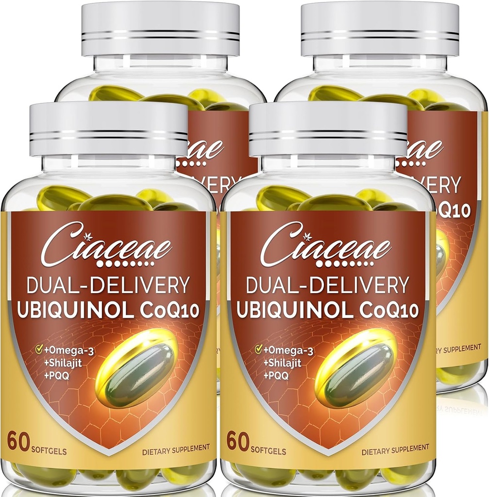 Ubiquinol CoQ10 600 MG Softgels med Omega-3 & Shilajit & PQQ, Advanced Dual-Delivery Coenzyme-Q10, Active CoQ10 Ubiquinol Supplement för fertilitet, antioxidant, hjärta, hjärna och energi, 240 portioner