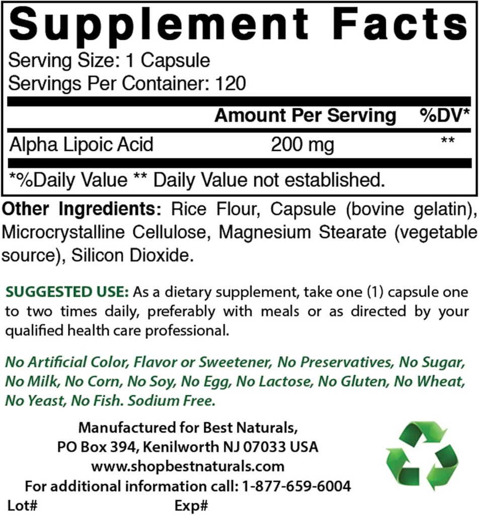 Bästa naturliga Alpha Lipoic Acid 200 Mg & B-100 Complex