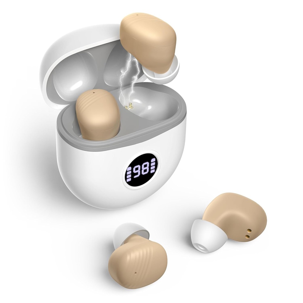 Hörapparater, laddningsbara hörapparater för seniorer med bulleravbokning, Small In Ear No Squealing Hearing Amplifiers Update Maximum Gain 40dB med Oval Charging Case LED Power Display, Beige
