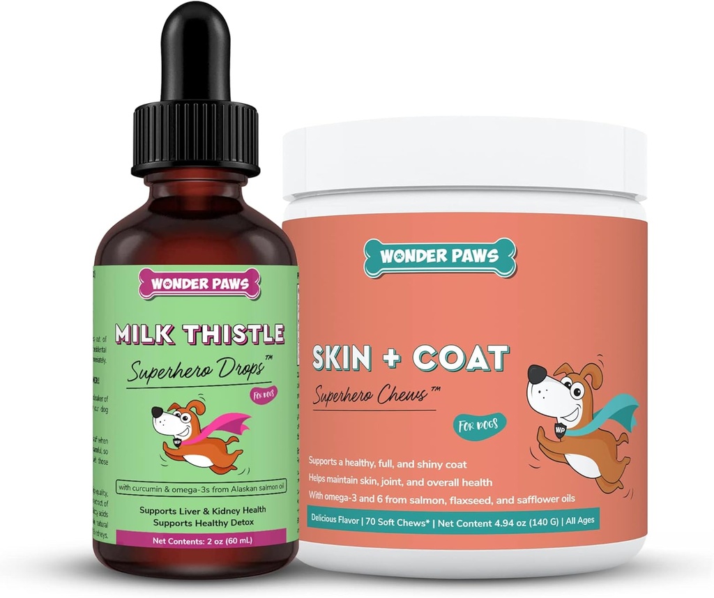 WONDER PAWS Milk Thistle Drops Plus Skin + Coat Soft Chews - för hundar lever och njursupport, Detox & Skin and Coat Health - Milk Thistle 2 Ounces - Hud + Coat 70 Chews