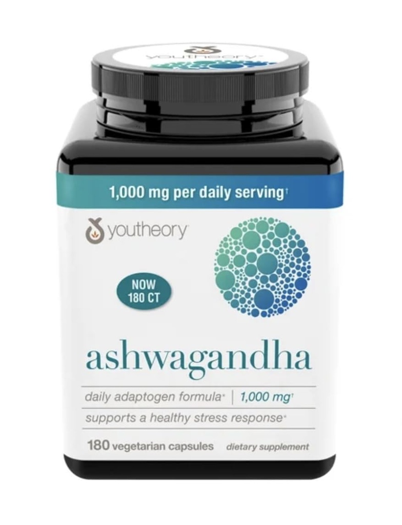 Youtheory Ashwagandha 1000mg med KSM-66 - Hjälper till att stödja ett hälsosamt stressrespons,180 kapslar (Pack av 1)