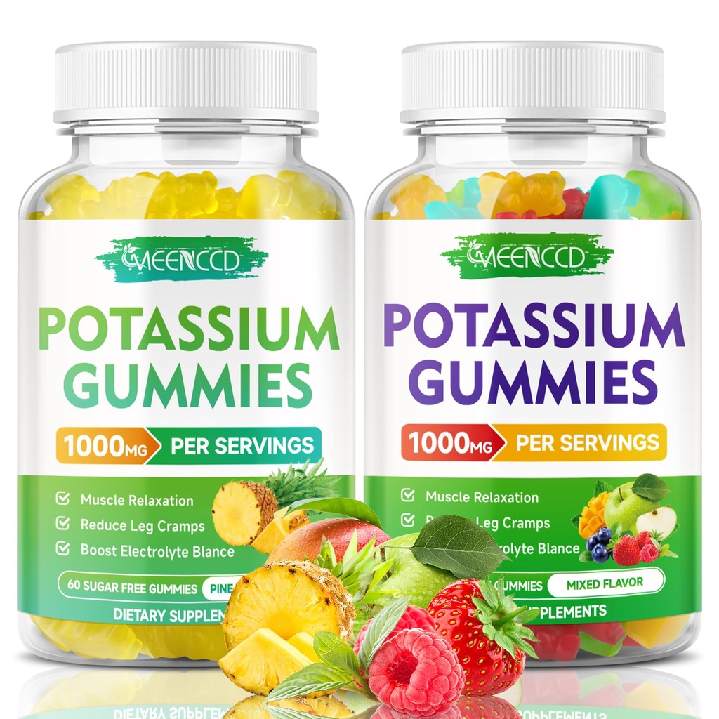 Kaliumcitrat Gummies 1000mg, High Potency Potassium Supplement Gummies för vuxna kvinnor och män, kalium Gummies Support Leg Cramps & Muscle Health, Pineapple & Mixed Fruit smak