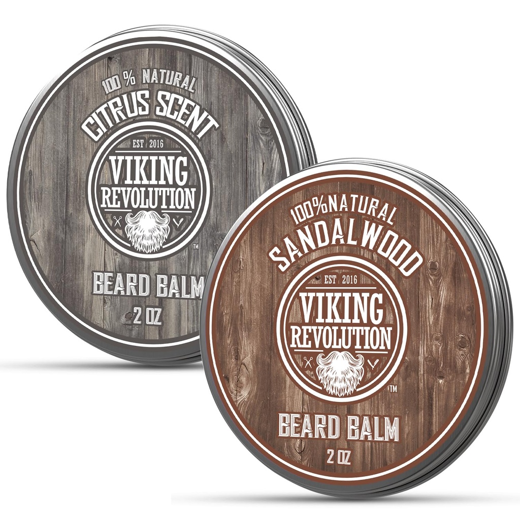Viking Revolution Citrus och Sandalwood Beard Balm - Butter med Argan Oil, Softener med Jojoba Oil, Moisturizer med Beeswax - Wax för Män med Mango Butter (2oz, 2 Pack)