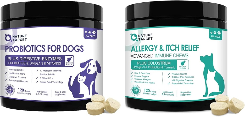 NATURE TARGET Probiotics for Dogs, med Prebiotics & Digestive Enzymes, Vitaminer & Omega 3 för allergisk äck lättnad, minska diarré, gas, sluta pawlicking, Hot Spots, Shedding