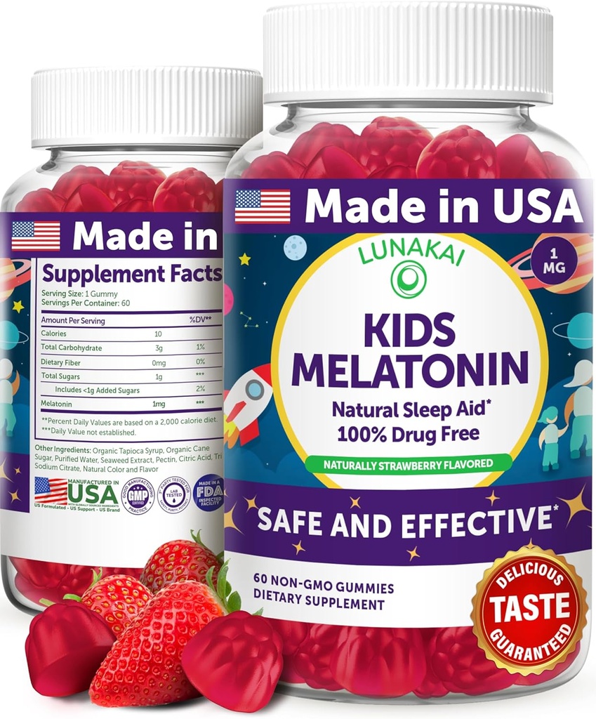 Lunakai USA Made Kids Melatonin Gummies 1mg - Säker och naturlig sömnhjälp för barn 2 + - Icke-GMO, Vegan, Glutenfri - 60 greve