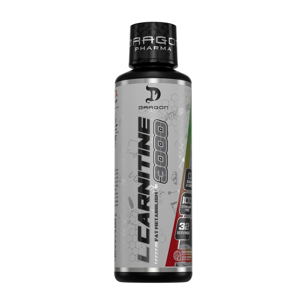 DRAGON PHARMA L-Carnitine 3000, Amino Acid Supplement, Öka tillgänglig energi och tränings hårdare, stöder aptitkontroll (32 portioner, Sour Watermelon)