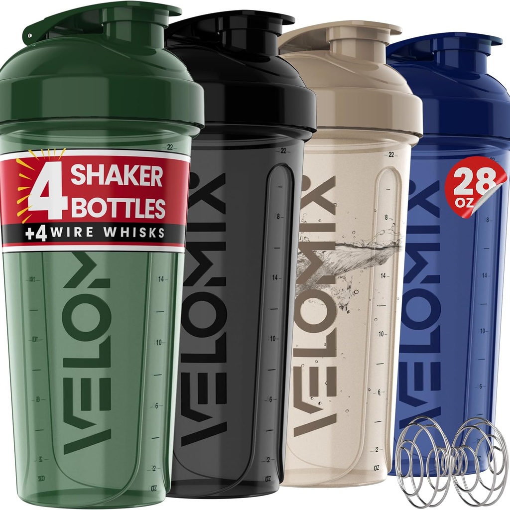 VELOMIX -4 PACK-28 oz Shaker Cups för Protein Shakes - 4x Wire Whisk | Leak Proof Protein Shaker Bottles för proteinblandningar | Protein Shaker Bottle Pack | Mixer för Protein Shakes (Forest Edge)