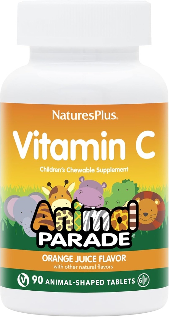 NaturesPlus Animal Parade Vitamin C Children's Chewable - Natural Orange Juice Flavor - 90 Djurformade tabletter, paket med 2 - Vegan, Vegetarisk, Glutenfri - 90 Totalt portioner
