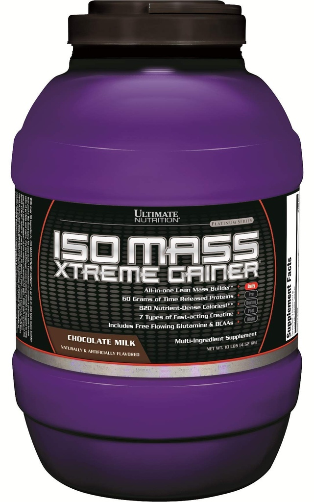 Ultimate Nutrition ISO Mass Xtreme Gainer, Weight Gainer Protein Powder med Kreatin, 60 Grams of Protein, Whey Isolate Protein Powder för Lean Muscle Gain, 10 LBS med 30 portioner, Chocolate