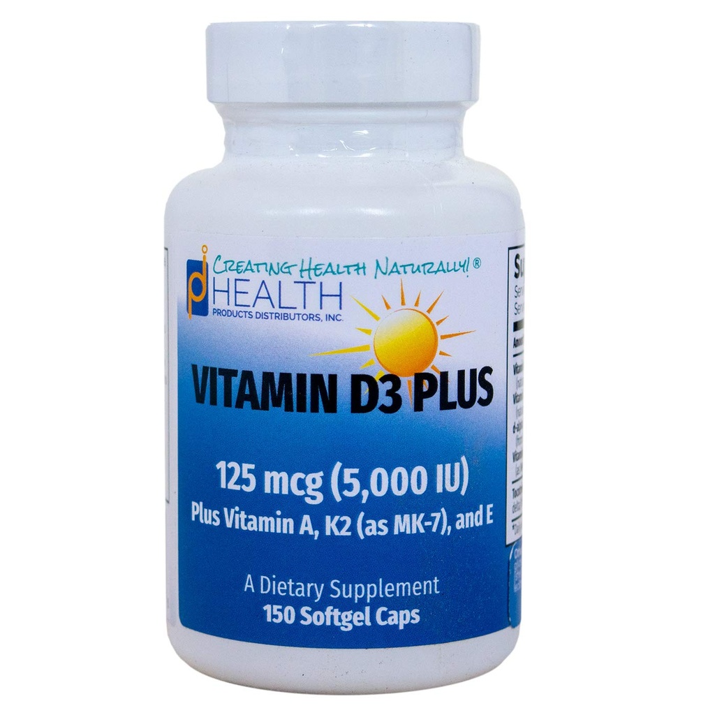 VITAMIN D3 PLUS -125 mcg (5000 IE) Vitamin D3 | Vitamin K2 (MK-7) och vitamin A | Naturform av vitamin D | Inkluderar tokotrienoler som antioxidanter | Non-GMO | 150 Softgel Caps
