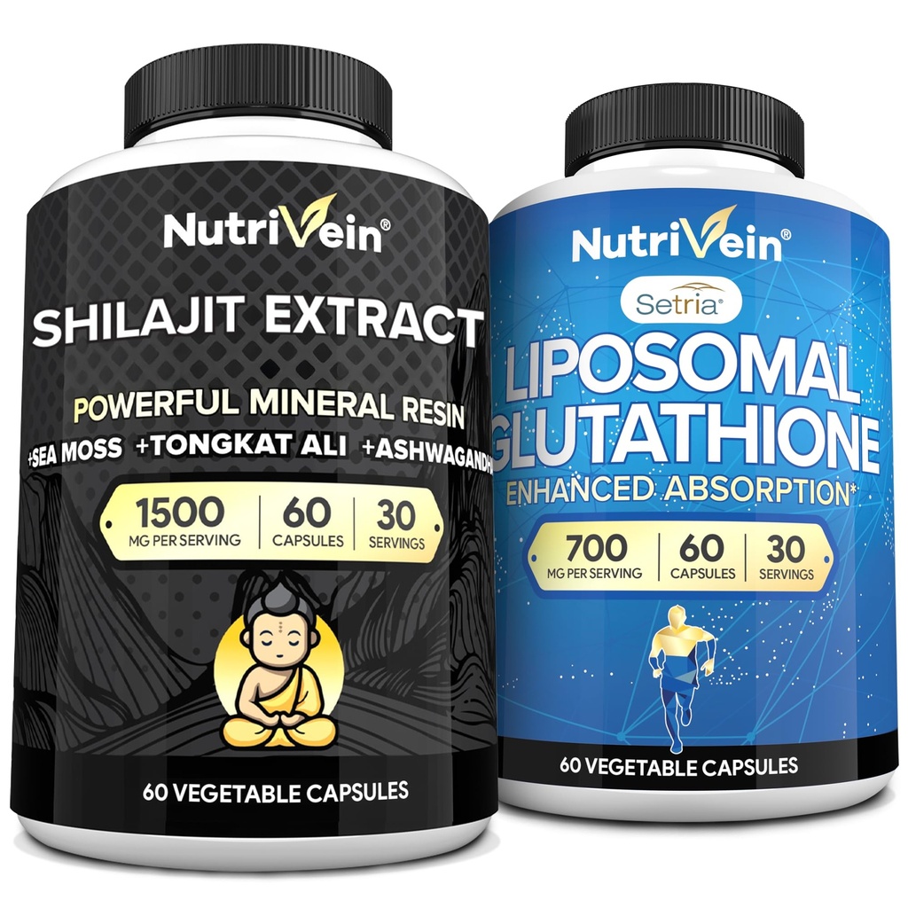 Nutrivein Premium Shilajit Capsules & Liposomal Glutathione Supplement Bundle: High-Absorption Glutathione Liposomal & Shilajit Capsules för Män & Kvinnor - Lever, Detox, & Vitality