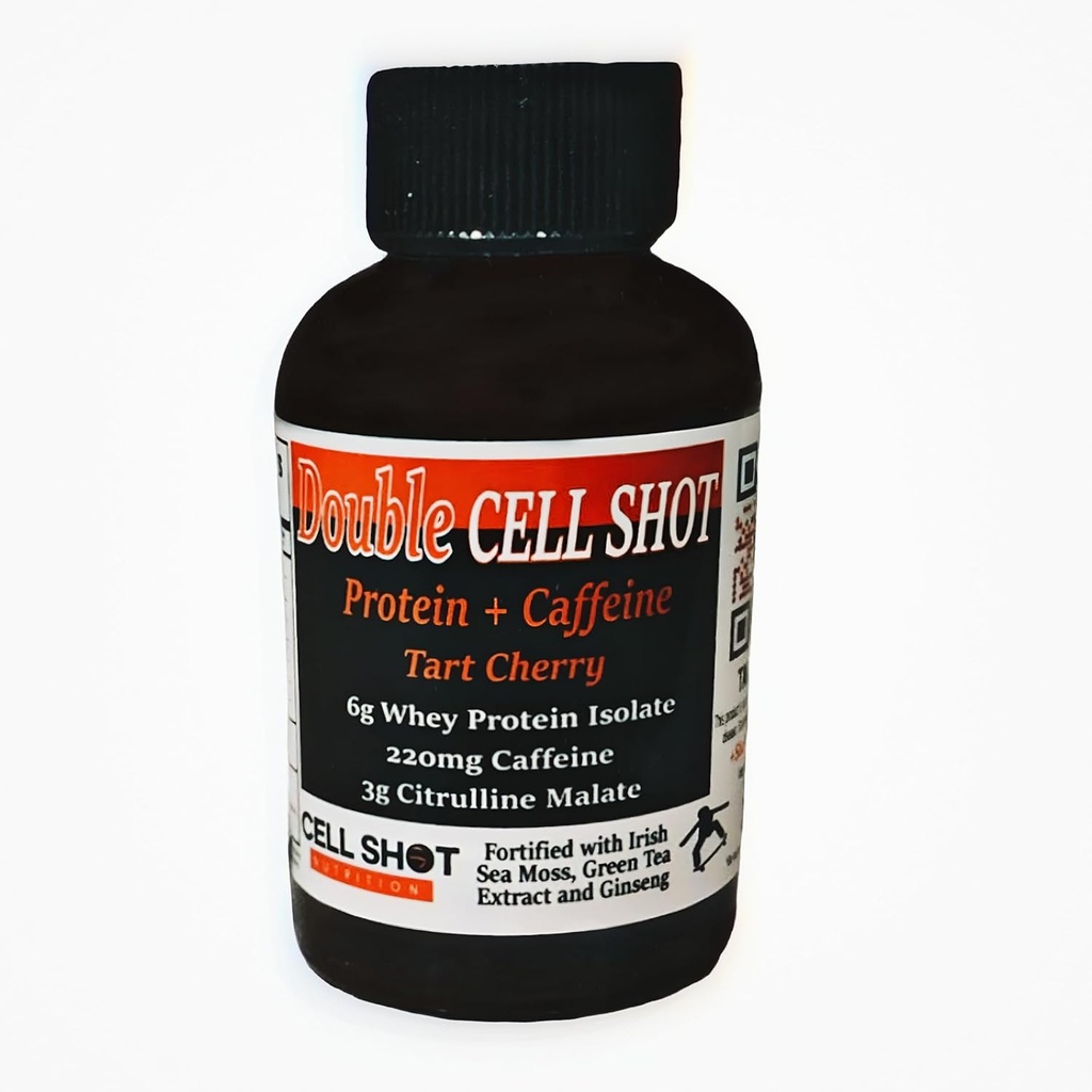 Tart Cherry Punch - 4 Pack - Protein + koffein - Double Cell Shot - BCAAs med koffein, Nootropics, Cacao, Sea Moss, Ginseng, Whey - Wake-Up och Focus