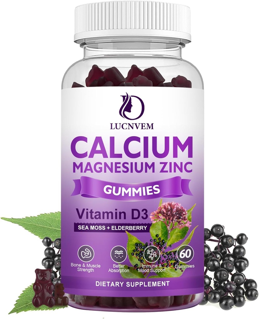 Sugar Free Calcium Magnesium Zink Gummies med Elderberry och Sea Moss, Calcium Magnesium 2:1, Magnesium Glycinate, kalium och vitamin D3 för ben, muskler, lugn humör och sömnstöd, 60 Gummies