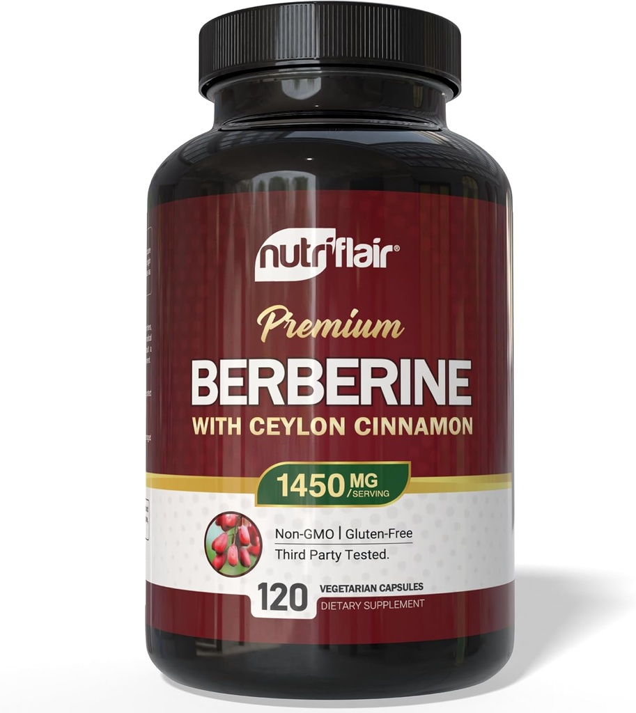 NutriFlair Berberine med Ceylon Cinnamon 1450mg Supplement - 120 kapslar | High Potency Formel med Berberine HCl & Organic Ceylon Cinnamon | Non-GMO, Vegan, Gluten-Free