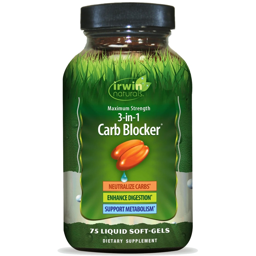 Irwin Naturals Maximal Styrka 3-i-1 Carb Blocker, Neutralisera kolhydrater och Stöd Metabolism, 75 Liquid Softgels, 2 Pack