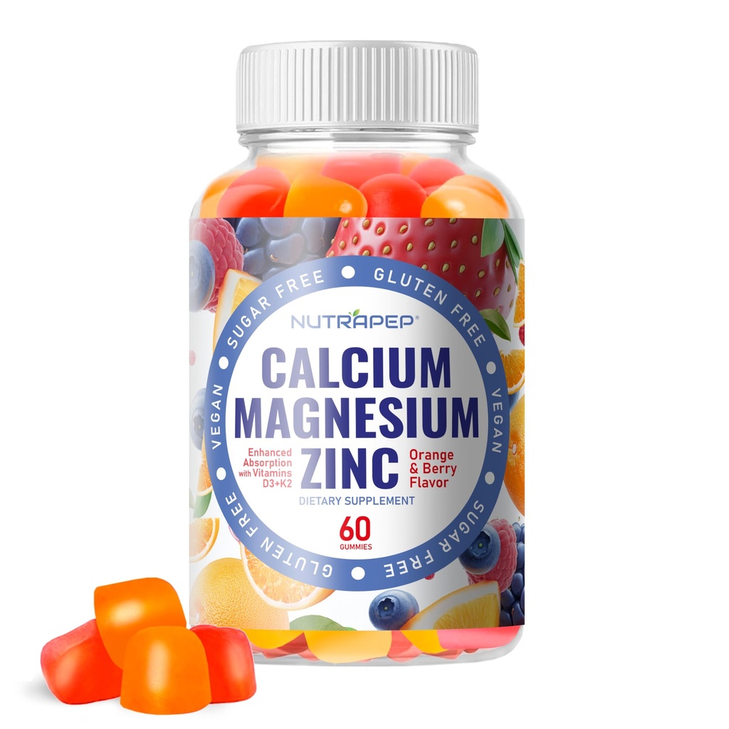NutraPep Calcium Magnesium Zinc Supplement Gummies - with Vitamin D3 K2 Magnesium Glycinate - Orange Berry Flavored Vegan Sugar-Free Gluten Free Chewable for Men Women Kids