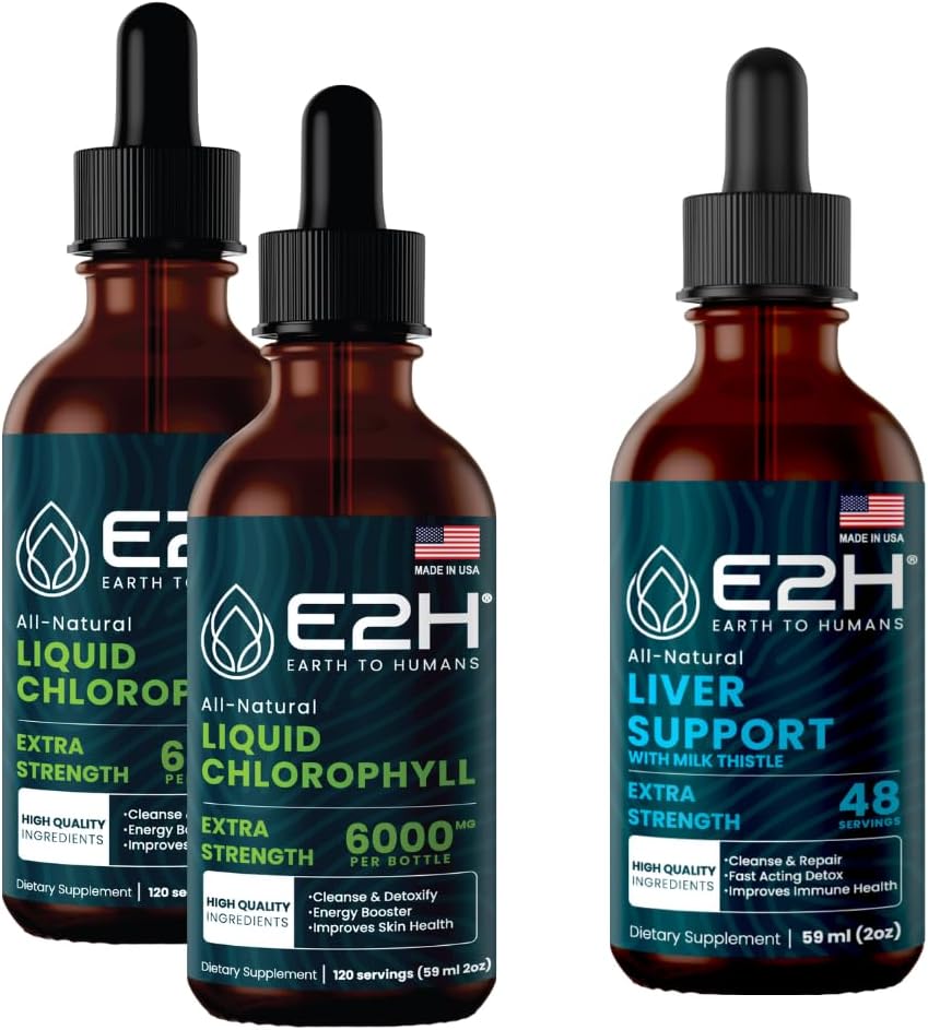 E2H: Chlorophyll Liquid Drops (2 Pack - 4 Fl Oz) och Liver Support Supplement (Single Bottle - 2 Fl Oz) | Vegan, Non-GMO - (6 Fl Oz Total) - Bundle