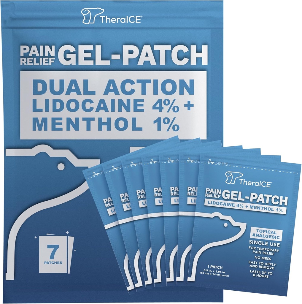 TheraICE Lidocaine Patches Plus Menthol - Maximal styrka Hot & ICY Cold Relief för rygg, nacke och axelsmärta - 4% Lidocaine + 1% Menthol, stor storlek (7 greve)