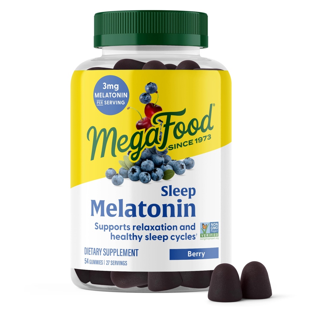MegaFood Melatonin Gummies - Melatonin 3mg per portion för att hjälpa Relax & Fall Asleep - Sleep Gummies for Adults - Berry Flavor, Non-GMO, Certified Vegan - 54 Count (27 portioner)