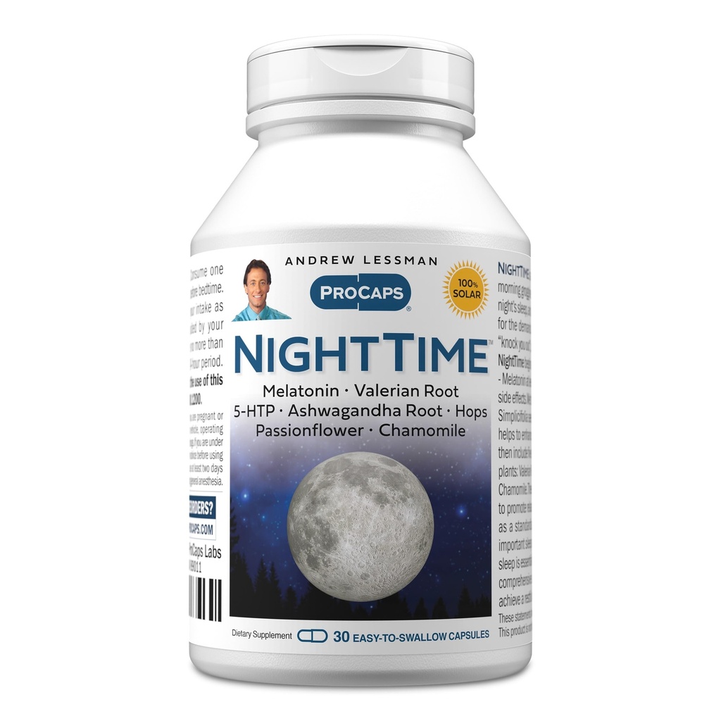 ANDREW LESSMAN Night Time 30 Capsules - 3mg Melatonin, Valerian, Ashwagandha, Passionflower, Hops, Chamomile. Ingen morgongrogginess. Naturligt stöd, Gentle Restful Sleep. Lätt att svälja kapslar