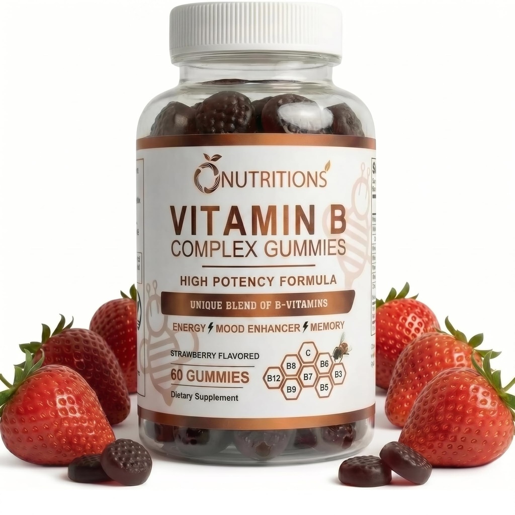 O NUTRITIONS Vitamin B Complex Gummies for Women & Men - High Potency B12 (833% DV) & Biotin - Energy, Mood & Metabolism Support - Vegan Strawberry Gummy Vitamins - 60 Gummies, 2-månaders leverans