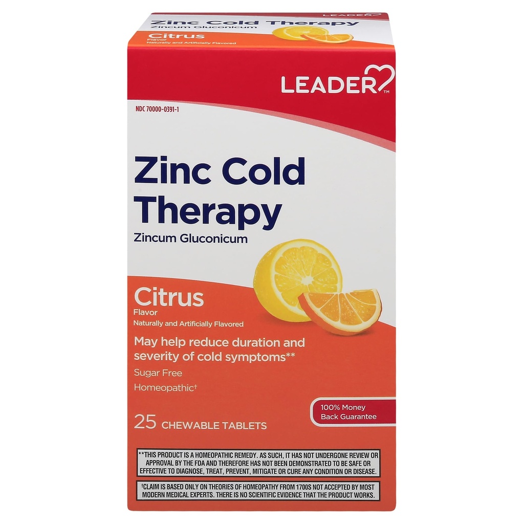 Ledare Zink Cold Therapy Chewable Tablets, Non-Drowsy Homeopathic Zinc Supplement, minskar varaktighet och svårighetsgrad av kalla symtom, snabbverkande kall lösning, Citrus Flavor, Sugar Free, 25 greve