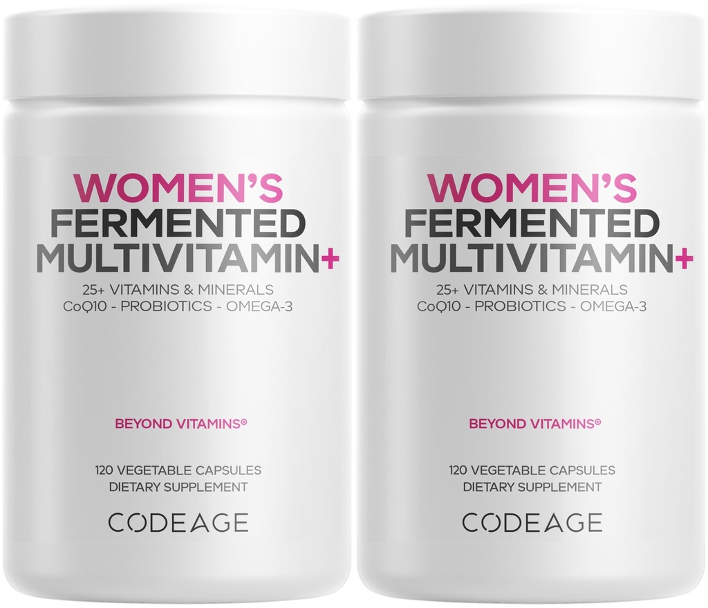 Codeage Women’s Daily Multivitamin, 25+ Vitaminer & Minerals, Fermented, Organic Whole Foods, Probiotics Supplement - Vitamin A, B, C, D, E & K, Omega 3, Zink - Vegan - 2 Pack