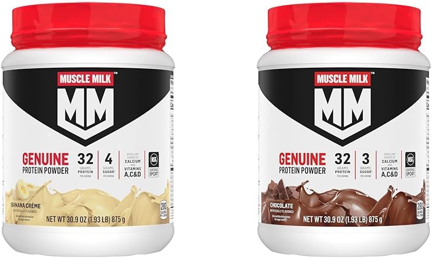 Muscle Milk Genuine Protein Powder Bundle, Banana Crème 1.93 Pounds 12 Servings 32g Protein och Choklad 1.93 Pounds 12 Servings 32g Protein