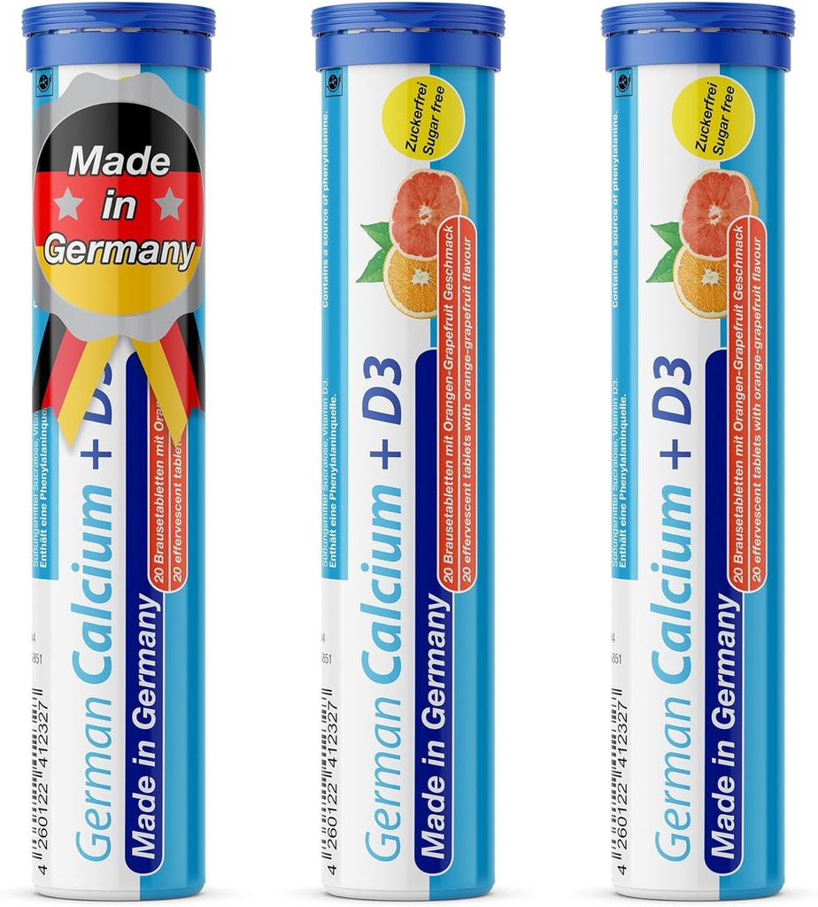 Tyska Calcium + vitamin D Drink Effervescent tabletter 60 portioner Orange-Grapefrukt smak - 500 mg Calcium, 2,5 μg Vitamin D3 - T&D Pharma - Tillverkad i Tyskland
