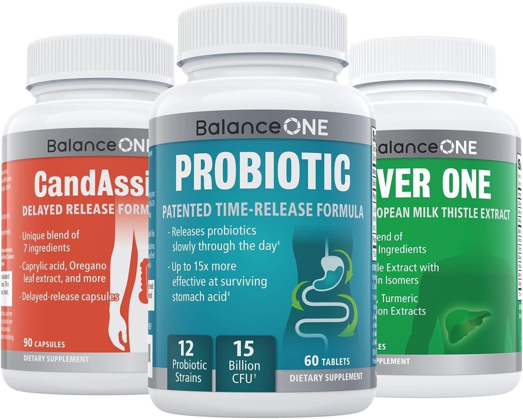 Balans EN 3-i-1 Bundle | Probiotisk, CandAssist, Liver One | 15 miljarder CFU Probiotic | Naturlig rengöring med Caprylic Acid | Liver Support med mjölk Thistle