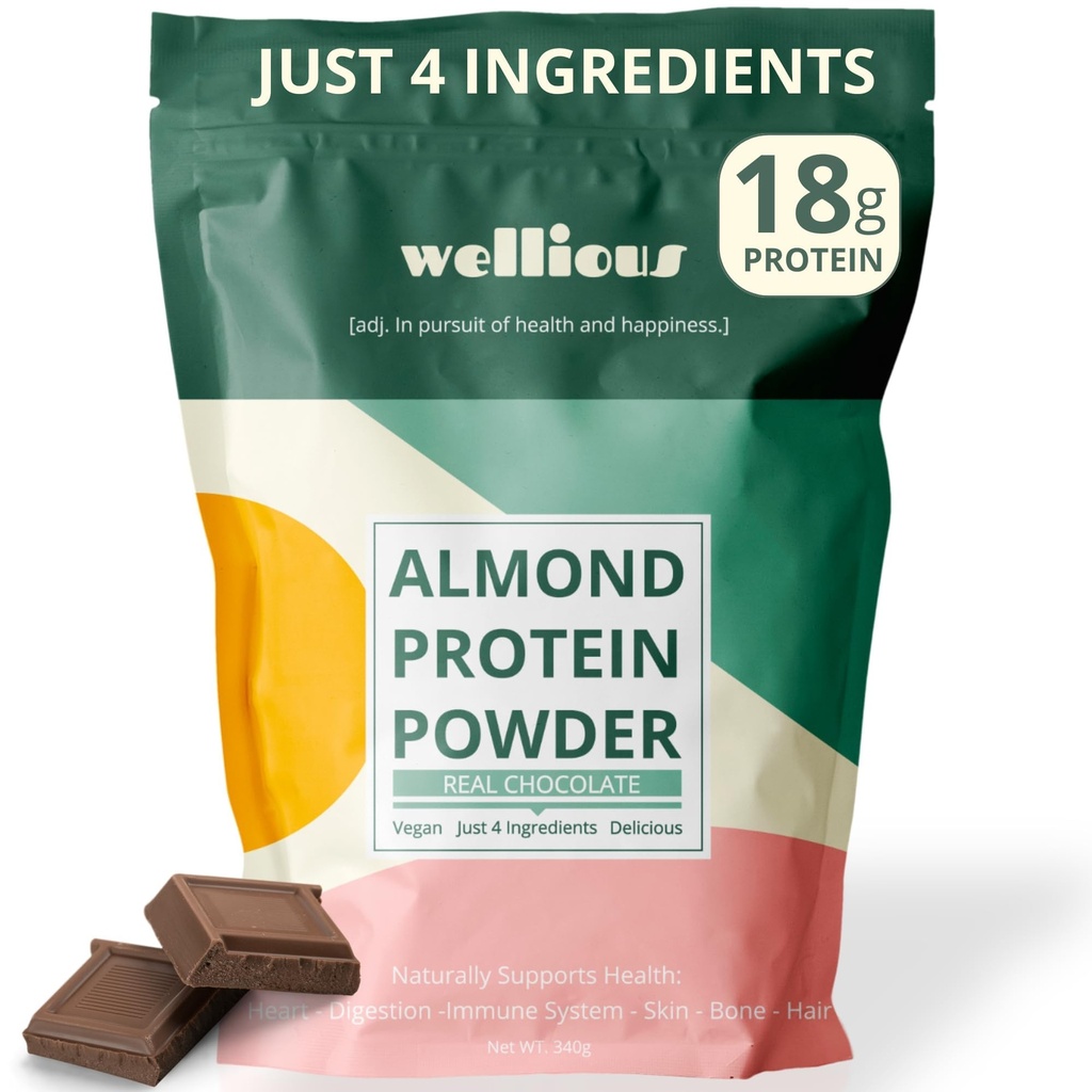 välmående Almond Protein Powder (Chocolate) - 18 Grams of Pure Healthiest Vegan Protein för kvinnor och män - Perfekt Gluten-Free, Soy-Free & Smooth Gut Friendly Protein Powder för Sports Nutrition