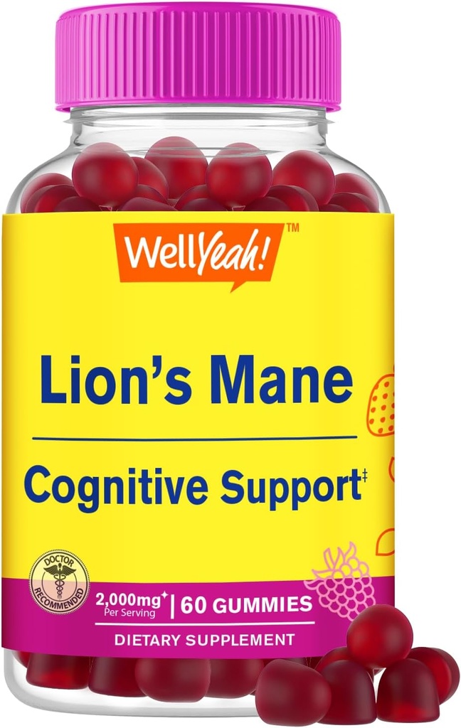 WellYeah Lions Mane Gummies för vuxna (2 000 mg) | Lions Mane Supplement Memory and Focuse Support | Gluten Free, Non GMO | Berry Flavor | Lion's Mane Gummies 60 Count