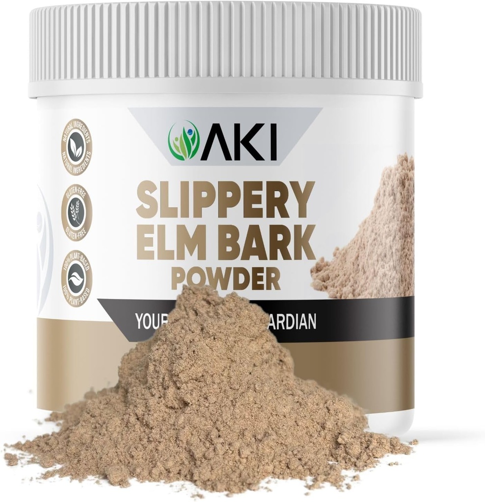 AKI Slippery Elm Bark Powder - Plant-Based Protein, Soothing Remedy för Digestive Wellness & Throat Comfort - Vegan-Friendly, Gluten-Free, Non-GMO & Free från Artificial Additives (4oz/113g)