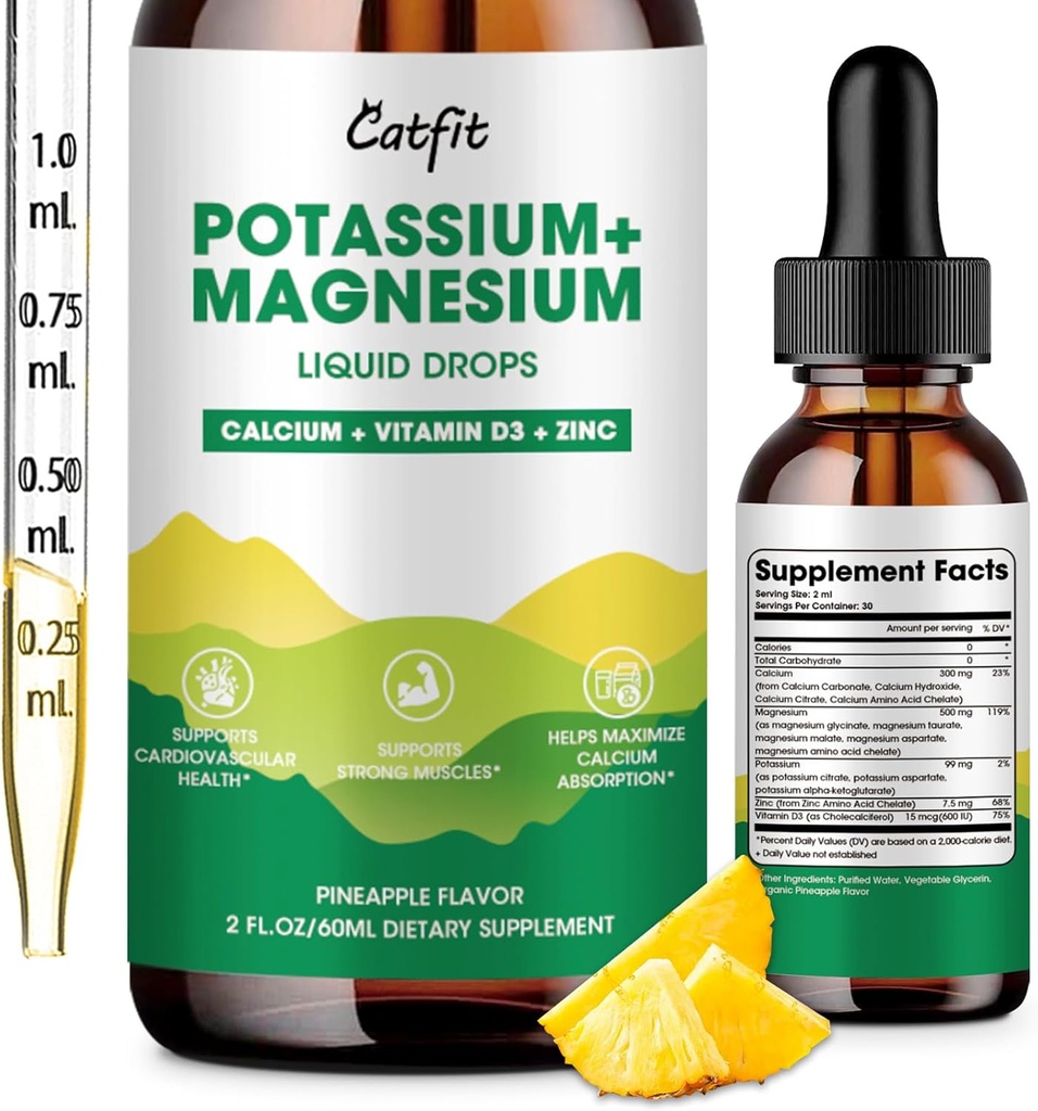 Potassium Magnesium Glycinate Supplement-High Absorption Magnesium Complex Liquid Drop with Calcium, Potassium, Vitamin D3 & Zinc for Sleep,Leg Cramps, Muscles & Energy, Sugar Free&Vegan 2 Fl Oz