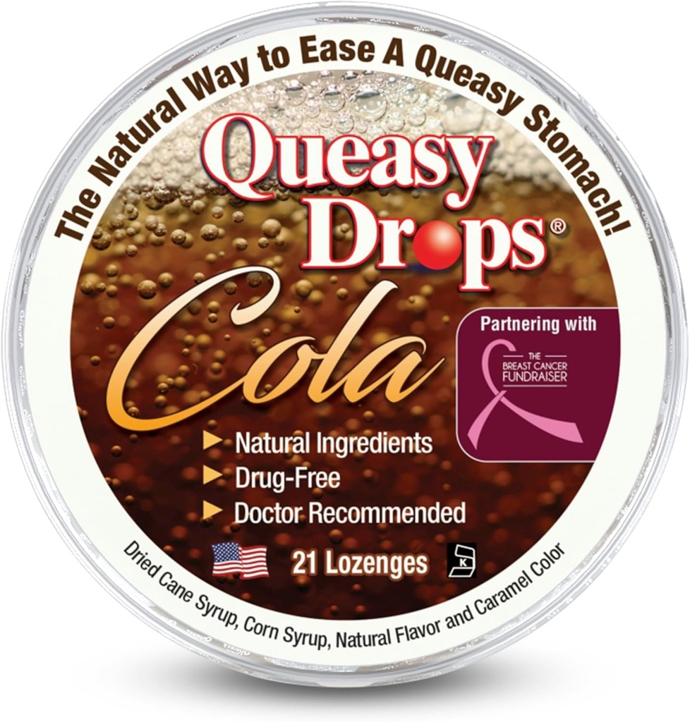 Tre Lollies Queasy Drops - Cola Flavor - Relief från Nausea & Travel Sickness, Soothes a Dry Mouth & Settles Stomach - Naturliga ingredienser - 21 ct