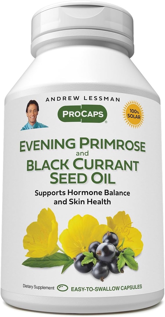 ANDREW LESSMAN Evening Primrose och Black Currant Seed Oil 60 Softgels - Soothes Physical Discomfort and Mood Swings På grund av Menstrual Cycle, med Gamma-Linolenic, Omega-6 Fatty Acids, Inga tillsatser