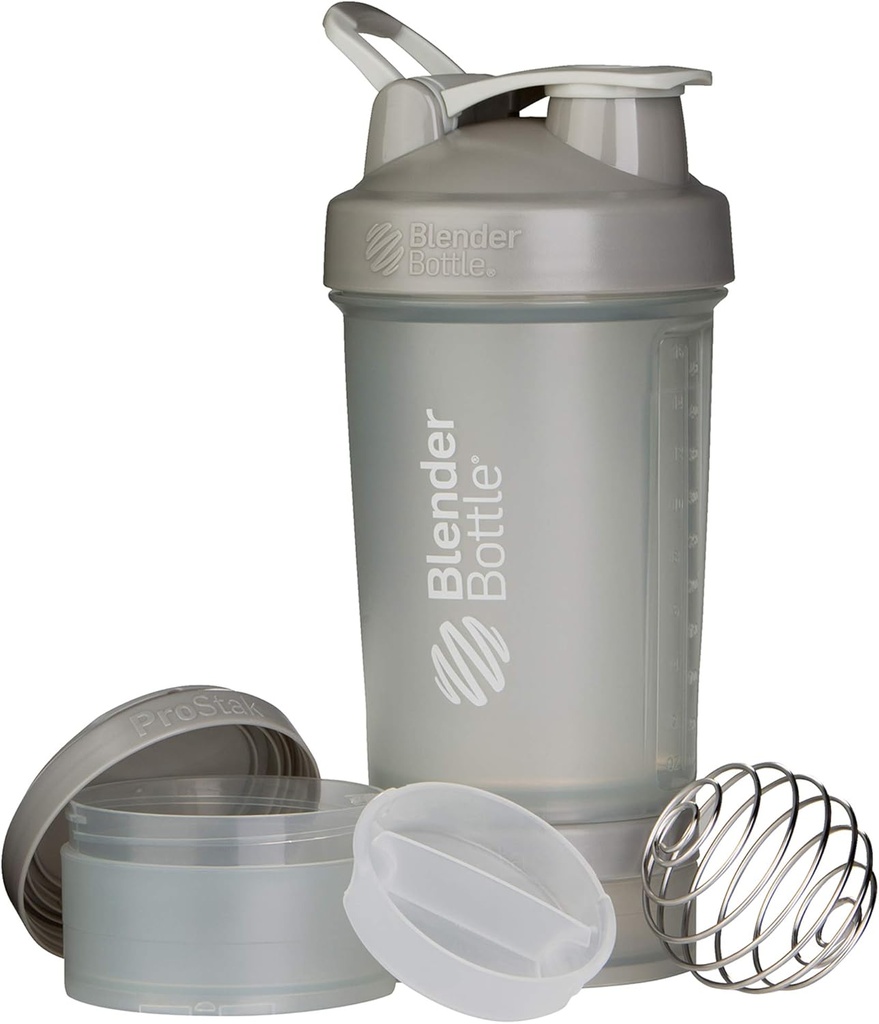 BlenderBottle Shaker Bottle med Pill Organizer och lagring för Protein Powder ProStak System, 22-Ounce, Pebble Grey