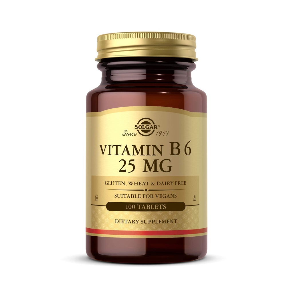 Solgar Vitamin B6 25 mg, 100 tabletter - Stöder energimetabolism, hjärthälsa och hälsosamt nervsystem - B Komplext tillskott - Vegan, Glutenfri, Dairy Free, Kosher - 100 portioner