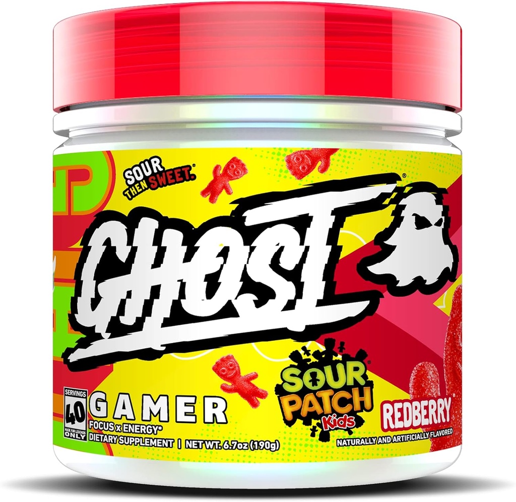 GHOST Gamer: Energi och fokus stödformel - 40 portioner, Sour Patch Kids Redberry - Nootropics & Natural Caffeine för uppmärksamhet, noggrannhet och reaktionstid - Vegan, Gluten-Free